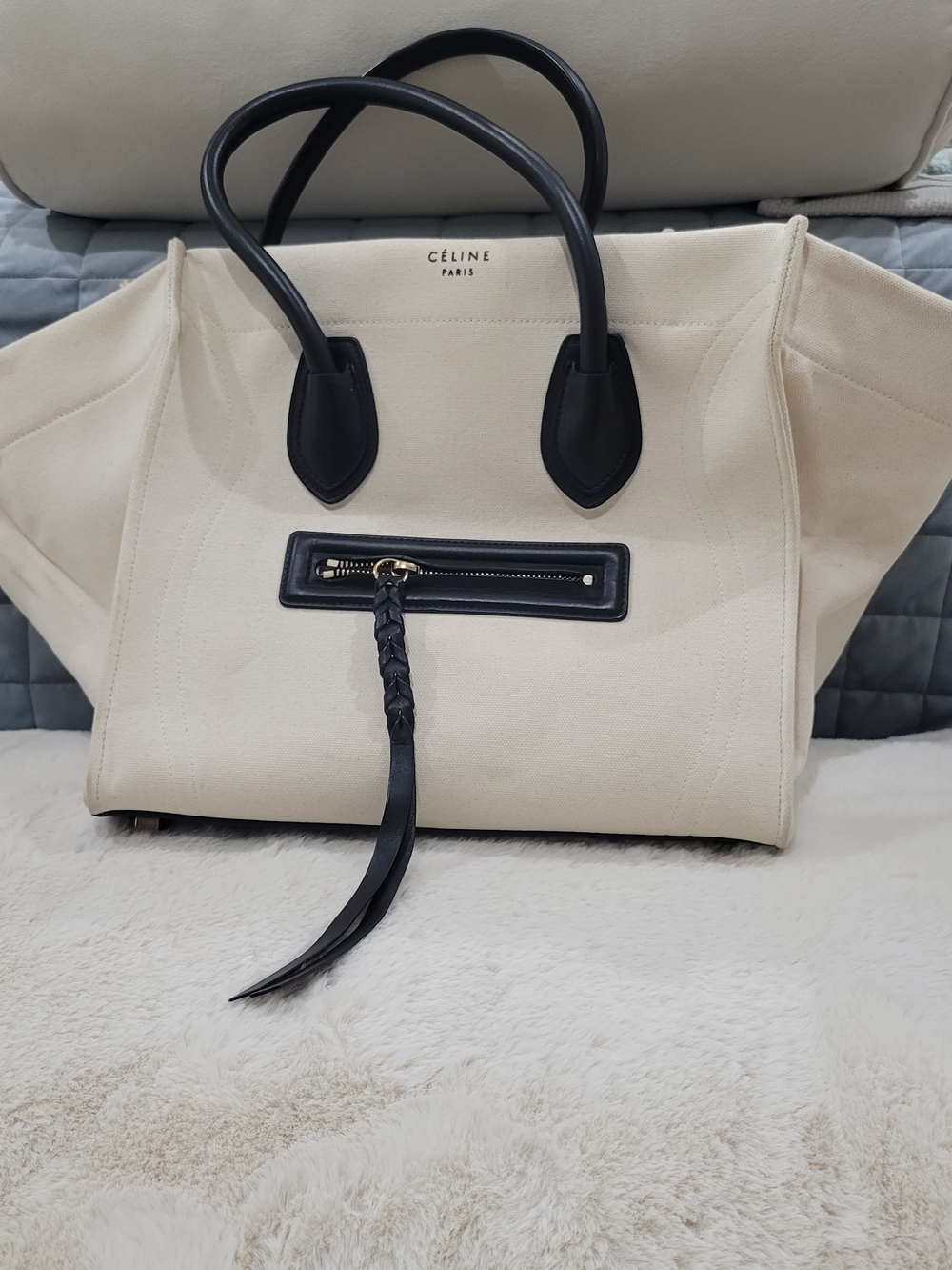 Celine Cream Canvas Tote with Black Trim - Picture 2 of 11